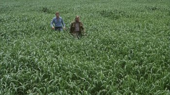 Movie still from “Phase IV” (1974), directed by Saul Bass – Two men are in a field of green grass; Extreme Wide shot, High angle