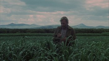 Movie still from “Phase IV” (1974), directed by Saul Bass – A man standing in the middle of an open field; Medium shot, Low angle