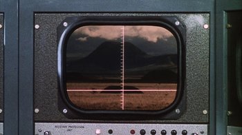 Movie still from “Phase IV” (1974), directed by Saul Bass – A view of a mountain from an old television screen; Extreme Close Up shot, Low angle