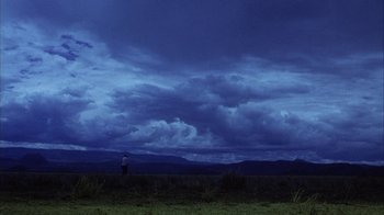 Movie still from “Phase IV” (1974), directed by Saul Bass – A person standing on top of a grass covered field; Extreme Wide shot, Low angle
