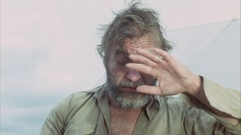 Movie still from “Phase IV” (1974), directed by Saul Bass – A man with grey hair and a gray beard is holding his hand up to his face; Close Up shot, Low angle