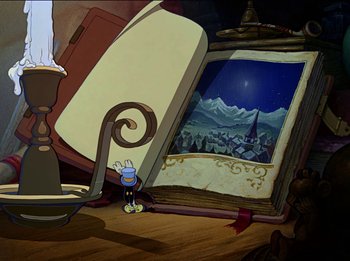 Movie still from “Pinocchio” (1940), directed by Jack Kinney – An animated picture of a book and a painting; Wide shot, High angle