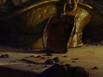 Movie still from “Pinocchio” (1940), directed by Jack Kinney – An oil painting of an iron bucket and a shovel; Wide shot, High angle