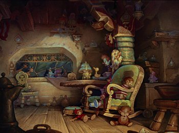 Movie still from “Pinocchio” (1940), directed by Jack Kinney – An artistic rendering of a living room with a lot of toys; Wide shot, High angle