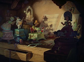 Movie still from “Pinocchio” (1940), directed by Jack Kinney – A painting of a room with a lot of toys; Wide shot, High angle