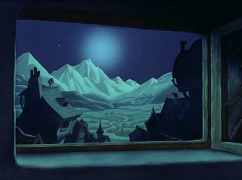 Movie still from “Pinocchio” (1940), directed by Jack Kinney – An animated picture of a mountain range at night time; Wide shot, Low angle
