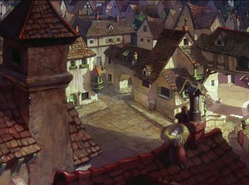 Movie still from “Pinocchio” (1940), directed by Jack Kinney – An animated picture of an old european town; Extreme Wide shot, High angle