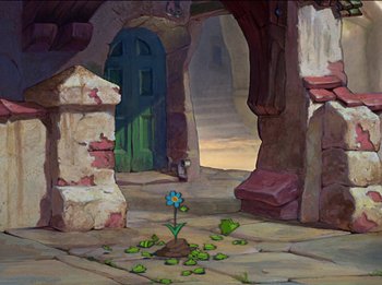 Movie still from “Pinocchio” (1940), directed by Jack Kinney – An image of an animated scene with a flower in the middle; Wide shot, High angle