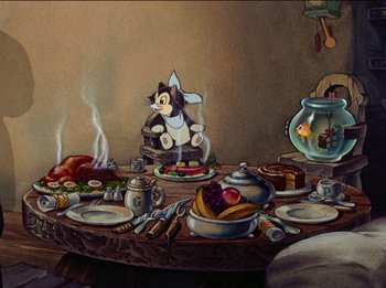 Movie still from “Pinocchio” (1940), directed by Jack Kinney – A painting of a table set for a meal with a cat on top of the table; Wide shot, High angle
