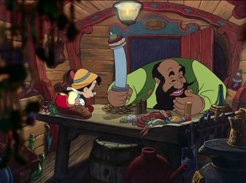 Movie still from “Pinocchio” (1940), directed by Jack Kinney – An animated scene of a man holding a sword and a woman sitting at a table; Wide shot, High angle