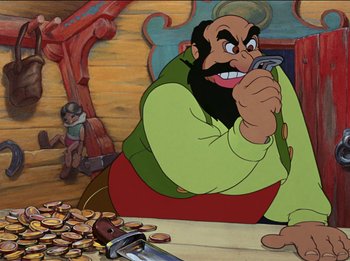 Movie still from “Pinocchio” (1940), directed by Jack Kinney – An animated picture of a man holding a cell phone in his hand; Medium shot, Over the shoulder angle