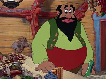 Movie still from “Pinocchio” (1940), directed by Jack Kinney – An animated picture of a man with a beard; Medium shot, Over the shoulder angle