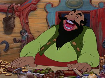 Movie still from “Pinocchio” (1940), directed by Jack Kinney – An animated picture of a man with a beard; Medium shot, Overhead angle