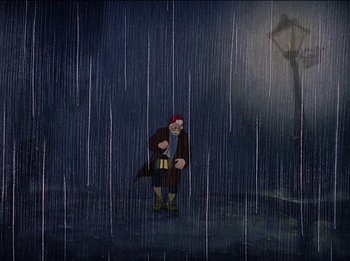 Movie still from “Pinocchio” (1940), directed by Jack Kinney – An animated character in the middle of a rain storm; Wide shot, Low angle