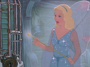 Movie still from “Pinocchio” (1940), directed by Jack Kinney – A painting of a woman holding a sparkler in her hand; Medium shot, High angle