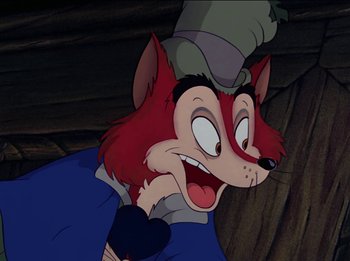 Movie still from “Pinocchio” (1940), directed by Jack Kinney – A cartoon character with a hat on; Close Up shot, Over the shoulder angle