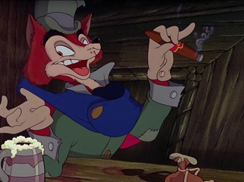 Movie still from “Pinocchio” (1940), directed by Jack Kinney – An image of an animated character smoking a cigar; Close Up shot, Low angle