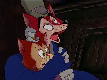 Movie still from “Pinocchio” (1940), directed by Jack Kinney – Two cartoon characters one of which is holding a monkey and one of which is holding a cat; Close Up shot, High angle