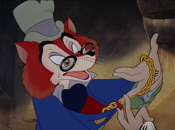 Movie still from “Pinocchio” (1940), directed by Jack Kinney – An image of an animated character wearing a hat and glasses; Close Up shot, Over the shoulder angle