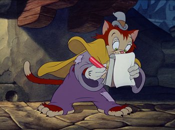 Movie still from “Pinocchio” (1940), directed by Jack Kinney – A cartoon of a cat holding a piece of paper; Medium shot, High angle