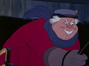 Movie still from “Pinocchio” (1940), directed by Jack Kinney – An old man with a hat is smiling for the camera; Close Up shot, Over the shoulder angle