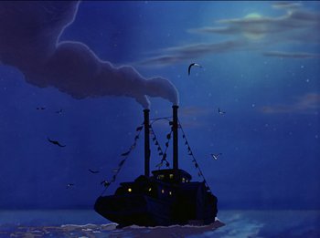 Movie still from “Pinocchio” (1940), directed by Jack Kinney – A boat floating on top of a body of water at night; Extreme Wide shot, Low angle