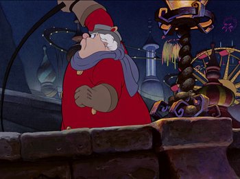 Movie still from “Pinocchio” (1940), directed by Jack Kinney – A cartoon character is standing in front of a building; Wide shot, Low angle