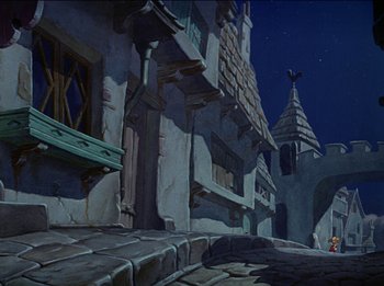 Movie still from “Pinocchio” (1940), directed by Jack Kinney – An animated picture of a street with a building in the background; Extreme Wide shot, Low angle
