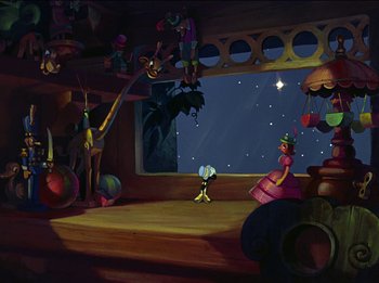 Movie still from “Pinocchio” (1940), directed by Jack Kinney – A painting of a scene with a person in a costume; Extreme Wide shot, Low angle