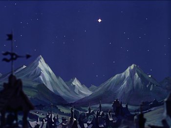 Movie still from “Pinocchio” (1940), directed by Jack Kinney – A painting of mountains and a star in the sky; Extreme Wide shot, Low angle