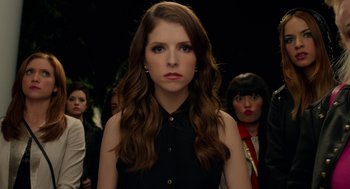 Movie still from “Pitch Perfect 2” (2015), directed by Elizabeth Banks – A group of women standing next to each other in a room; Close Up shot, Over the shoulder angle
