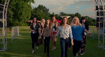 Movie still from “Pitch Perfect 2” (2015), directed by Elizabeth Banks – A group of women walking across a lush green field; Wide shot, Over the shoulder angle