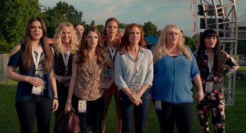 Movie still from “Pitch Perfect 2” (2015), directed by Elizabeth Banks – A group of women standing next to each other on a field; Wide shot, Over the shoulder angle