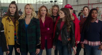 Movie still from “Pitch Perfect 3” (2017), directed by Trish Sie – A group of women standing next to each other in a building; Medium shot, Over the shoulder angle