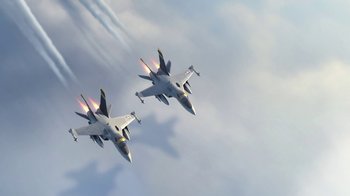 Movie still from “Planes” (2013), directed by Klay Hall – Two fighter jets are flying in the sky; Extreme Wide shot, Low angle