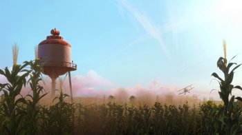 Movie still from “Planes” (2013), directed by Klay Hall – An airplane flying over a corn field near a water tower; Extreme Wide shot, Low angle