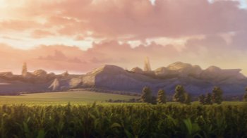 Movie still from “Planes” (2013), directed by Klay Hall – An image of a field with a mountain in the background; Extreme Wide shot, Low angle