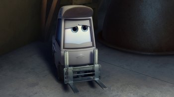 Movie still from “Planes” (2013), directed by Klay Hall – A cartoon car with a face on the front of it; Medium shot, High angle