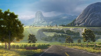Movie still from “Planes” (2013), directed by Klay Hall – An artist's rendering of an empty road in the middle of the day; Extreme Wide shot, High angle