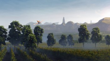 Movie still from “Planes” (2013), directed by Klay Hall – An airplane is flying over a field of trees; Extreme Wide shot, High angle