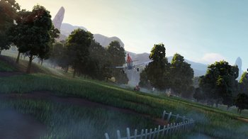 Movie still from “Planes” (2013), directed by Klay Hall – An airplane is flying low over a field; Extreme Wide shot, Low angle