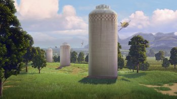Movie still from “Planes” (2013), directed by Klay Hall – An artistic rendering of a field with a bunch of towers; Extreme Wide shot, High angle