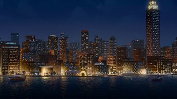 Movie still from “Planes” (2013), directed by Klay Hall – A city skyline at night with a body of water in front of it; Extreme Wide shot, High angle