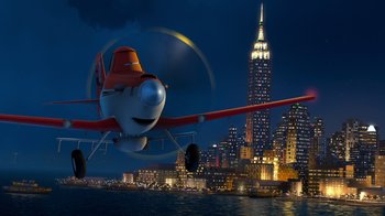 Movie still from “Planes” (2013), directed by Klay Hall – An airplane flying over a body of water with a city skyline in the background; Extreme Wide shot, Low angle