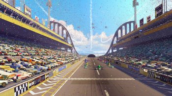 Movie still from “Planes” (2013), directed by Klay Hall – An illustration of a race track with cars on it; Extreme Wide shot, High angle
