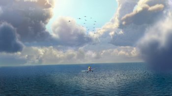 Movie still from “Planes” (2013), directed by Klay Hall – An airplane flying in the sky over a body of water; Extreme Wide shot, High angle