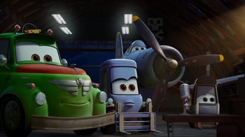 Movie still from “Planes” (2013), directed by Klay Hall – A plane is parked in a hangar next to a cartoon character; Wide shot, Low angle