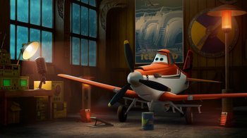 Movie still from “Planes” (2013), directed by Klay Hall – An airplane is parked in a room with a painting; Wide shot, Low angle