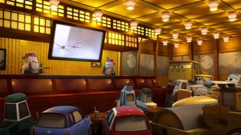 Movie still from “Planes” (2013), directed by Klay Hall – An animated scene of cars in front of a large screen tv; Extreme Wide shot, Low angle