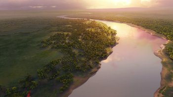 Movie still from “Planes” (2013), directed by Klay Hall – An aerial view of a body of water with trees in the background; Extreme Wide shot, High angle